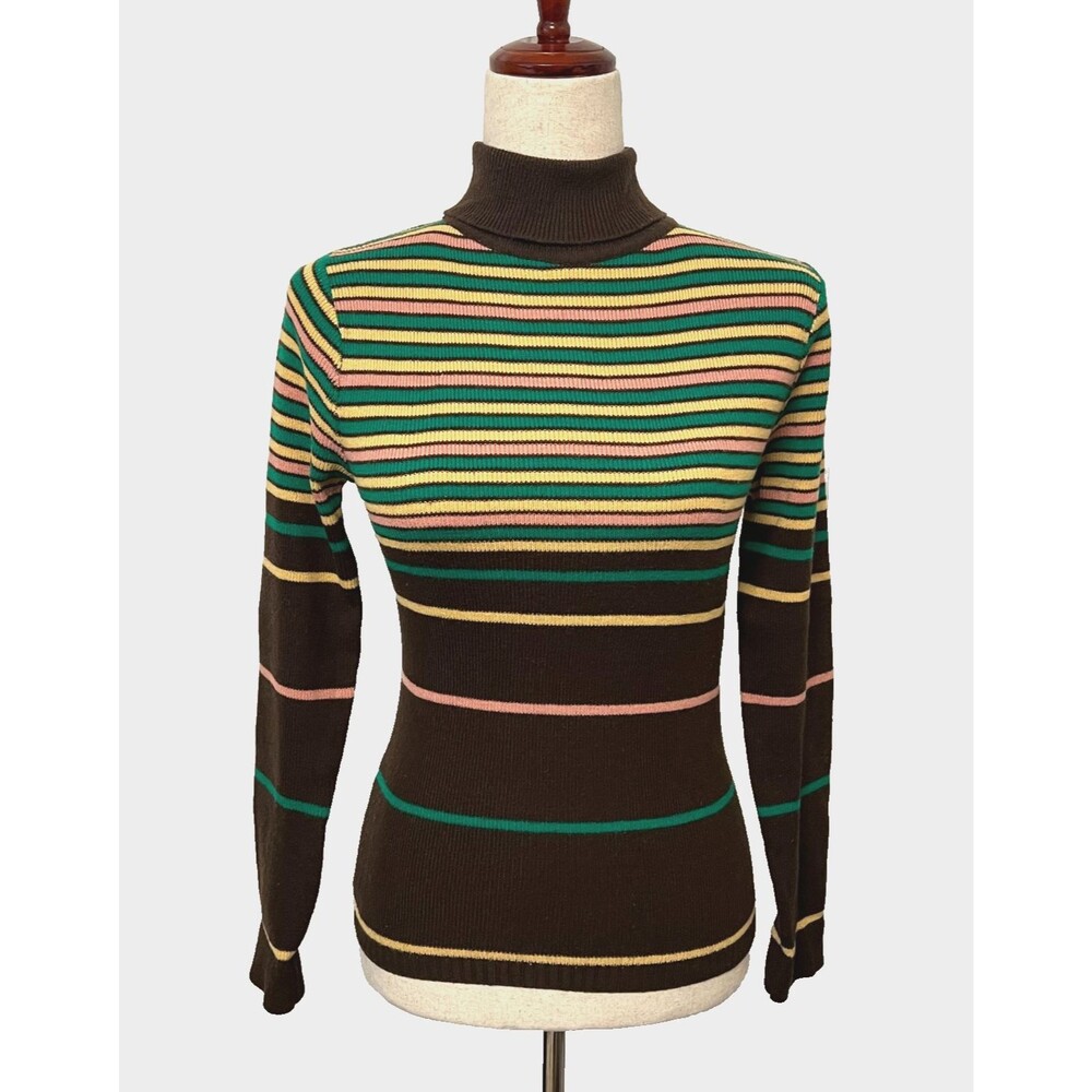 Vtg 60s 70s Women's M Back Zip Turtleneck Sweater Girl Striped Mod Retro WPL6749
